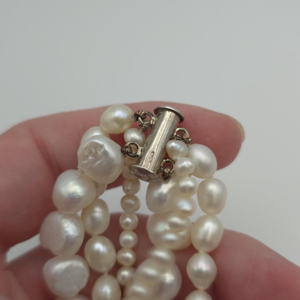 19 Inch Sterling Silver Triple Strand Genuine Pearls Necklace B212 - Picture 5 of 8